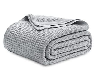 Bedsure Manta Sofá Verano Waffle - Manta Sofa Grande Algodón 100%, Manta Cama Suave y Transpirable, 220x240 cm, Gris