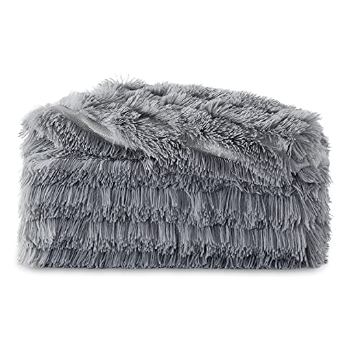 Bedsure Manta Sofa Pelo Largo - Manta Pequeña Gris de Terciopelo Peluche, Manta Cubre Sofa Invierno Reversible con Piel Sintética Suave y Polar, 130x150 cm