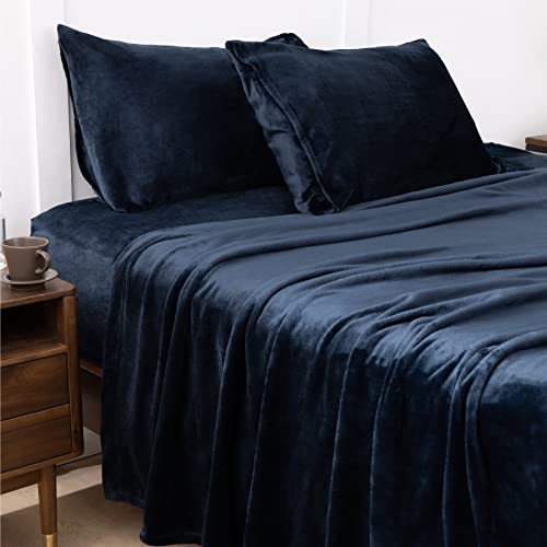 Bedsure Sabanas Coralina Cama 90 - Juego Sábanas Invierno 90x190 Franela 3 Piezas, Sabanas Polar Termica 90x190, Sabana Bajera Ajustable 90x200 con Encimera, Azul Marino