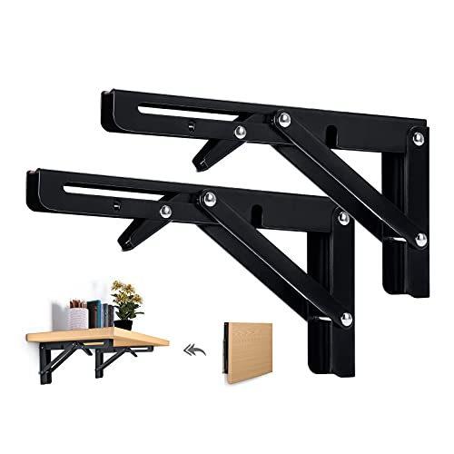 Beinhome 2 Piezas Soporte Estantería Plegable 400mm Escuadras Abatibles Bisagra Soporte de Estante de Pared Negro Escuadras Estanterias para Mesa Abatible, Carga Máxima: 80KG