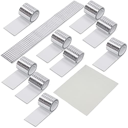 Belle Vous Set Mini Espejo Mosaico Cuadrado Autoadhesivo con Paño de Limpieza (Pack de 10) 4800 x 5 mm Espejos para Manualidades – Accesorio Plateados Pegatinas Decorativas