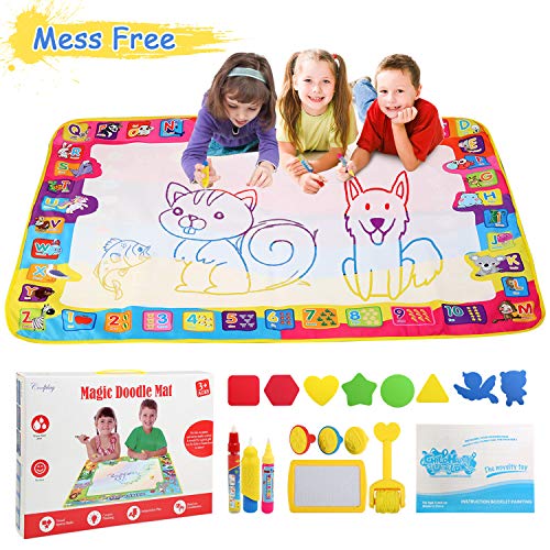 BelleStyle Agua Dibujo Pintura, 100*70cm Doodle Alfombra de Agua, Doodle Estera de Agua con Bolígrafos Mágica, Moldes, Sellos, Rueda, Plato de Agua, Folleto de Dibujo para Niños - Juguete Educativo