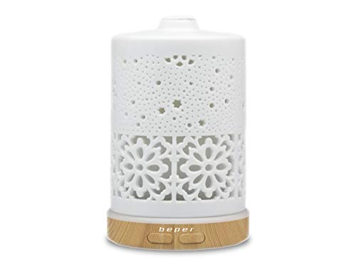 BEPER 70.404 Difusor de Esencia, Nebulizador ultrasónico, Luz LED de 7, Botón para Intensidad de Vapor y para Selección de Color, Diseño Elegante, Operación USB, 100 milliliters, cerámica, Bianco