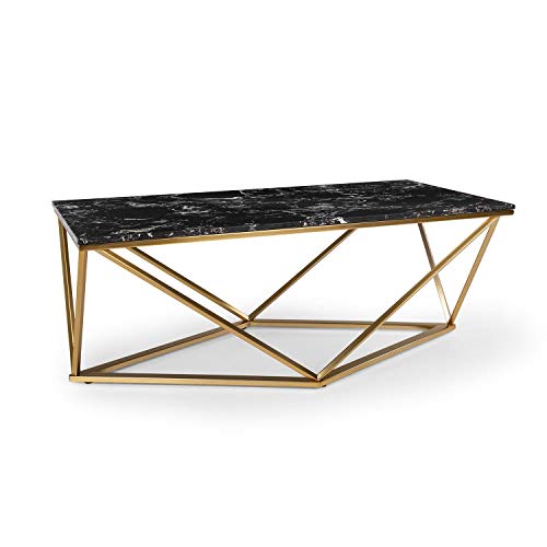 Besoa Black Onyx I Mesa para el sillón - Mesa Auxiliar, 110 x 42,5 x 55 cm, Soporte de mármol Blanco, Hecho en Metal con Todos Dorados y Negros