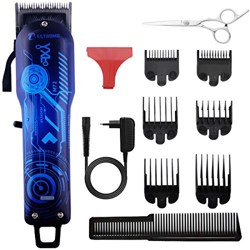 BESTBOMG Cortapelos Profesional Hombres, Máquina Cortar Pelo Kit Cuchilla de Titanio y Cerámica 6 Peine-guía, Cortadora de Pelo Batería Recargable de Litio 2000mAh (Azul)