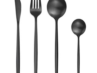 Bestdin Juego de cubertería para 6 personas, 24 piezas, acero inoxidable, color negro mate, juego de cubertería con cuchillo, tenedor, cuchara, acero inoxidable, apto para lavavajillas.