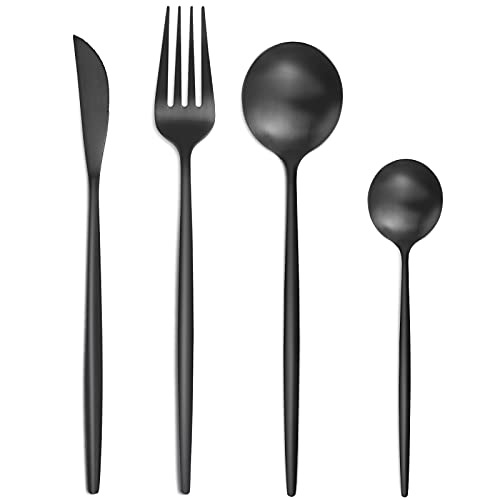 Bestdin Juego de cubertería para 6 personas, 24 piezas, acero inoxidable, color negro mate, juego de cubertería con cuchillo, tenedor, cuchara, acero inoxidable, apto para lavavajillas.