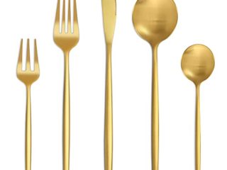 Bestdin Juego de cubiertos dorados mate, 30 piezas, juego de cubertería para 6 personas, con cuchillo, tenedor, cuchara, acero inoxidable, apto para lavavajillas