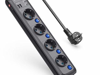 BESTEK Regleta de 4 enchufes con interruptor individual y protección contra sobretensiones 2000J, montaje en pared, 4000 W/16 A, cable 1,8 m, color negro
