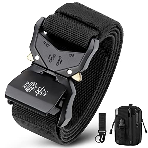 BESTKEE Cinturón táctico para Hombres, 3.8cm Cinturón Resistente, Cinturón Nylon Hebilla de Metal de Liberación Rápida, Regalo con Bolsa Táctica Molle y Gancho