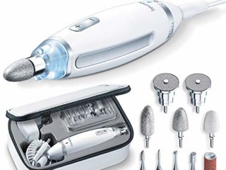 Beurer MP 62 Set de manicura y pedicura, torno para uñas eléctrico con 10 accesorios de alta calidad, luz LED, control de velocidad infinitamente variable, con bolsa de almacenamiento