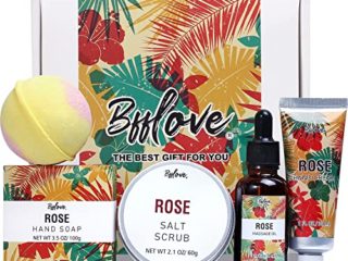 BFFLOVE Caja de Regalo para Mujer, Cesta de Regalo de Spa a Rosa, Regalos Originales para Mujer, Regalo de Cumpleaños para Ella, Set de Baño Incluye Aceite de Masaje, Sal Exfoliante, Jabón