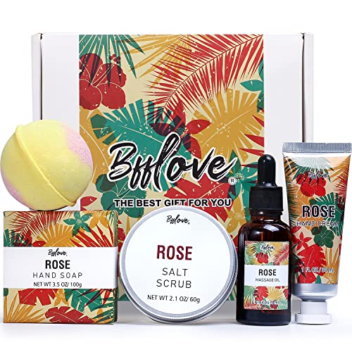 BFFLOVE Caja de Regalo para Mujer, Cesta de Regalo de Spa a Rosa, Regalos Originales para Mujer, Regalo de Cumpleaños para Ella, Set de Baño Incluye Aceite de Masaje, Sal Exfoliante, Jabón