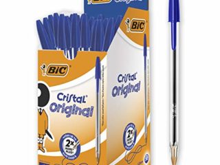 BIC Cristal Bolígrafos, Original, Óptimo para material escolar,Azul, Punta Media (1,0mm), Material Oficina y Papelaria, Caja de 50 Bolis