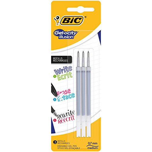 BIC Gel-ocity Illusion Recambios para Bolis de Gel Borrables punta media (0,7 mm) – Negro, Blíster de 3 unidades