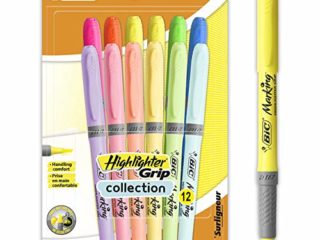 BIC Highlighter Grip Marcadores de Punta Biselada Regulable - Colores en Tonos Intensos y Pastel, Pack de 12