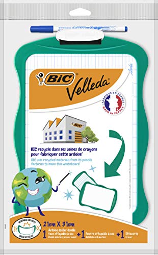 BIC Velleda Pizarra Blanca Pequeña de Doble Cara con 1 Borrador y 1 Rotulador Azul, Material Oficina, 21x31cm, Óptimo para material escolar