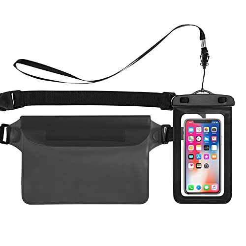 Bigqin Estuche Impermeable para teléfono móvil, Paquete de 2 Bolsas de Cintura Seca para teléfono móvil Compatible con el Modelo de teléfono de 6.5 Pulgada, Negro + Gris