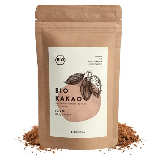 BIONUTRA® Cacao en polvo ecológico 1000 g, altamente desaceitado (11% de grasa), cacao en polvo ecológico sin azúcar, molido a partir de habas criollas
