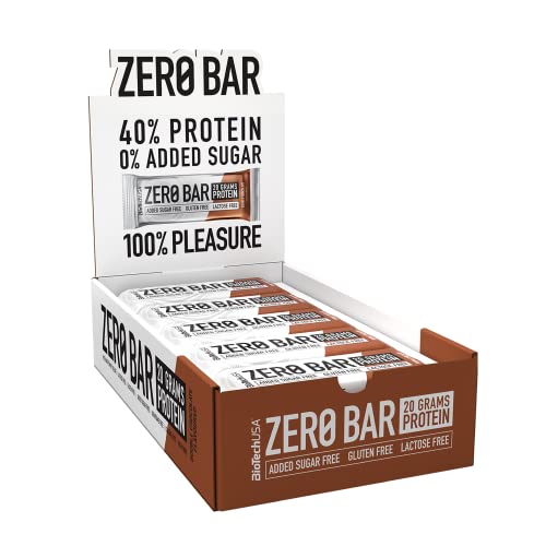 BioTechUSA Zero Bar Barrita de proteínas con alto contenido proteico, sin azúcar añadido o aspartamo, libre de lactosa y gluten, con edulcorantes, 20*50 g, Doble chocolate