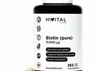 Biotina 10.000 mcg (Vitamina B7) | 365 comprimidos (Suministro anual) | Estimula el crecimiento del cabello, ayuda a mantener la piel y las uñas sanas, y activa el metabolismo | Apto para Veganos.