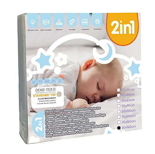 Bisoo Sabana Bajera 80x160 Protectora Impermeable 2en1 para Cama Infantil - Sabana Bajera Ajustable de Algodon Jersey + Protector de Colchón Impermeable - Certificado OEKO-TEX (160x80 Blanco)
