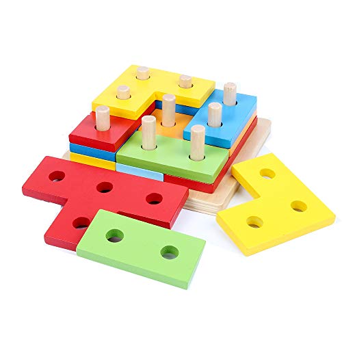 B&Julian Juego de inserción geométrica Puzzle de Madera 12 Piezas Puzzle de Rompecabezas Playset