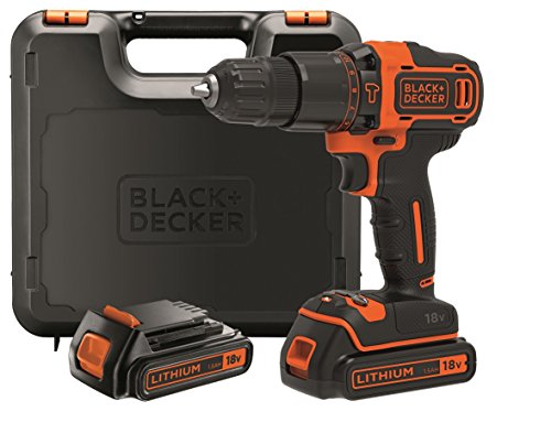 BLACK+DECKER BDCHD18KB Taladro Percutor Inalámbrico 18V 1.5Ah con 2 Baterías y Maletín 10 mm 2 Velocidades Luz LED, Color Negro, Naranja
