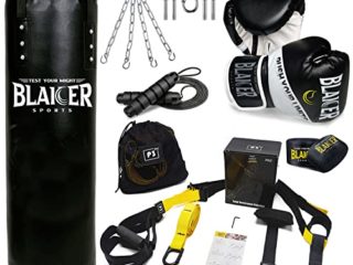 BLAICER Saco de Boxeo sin Relleno Equipado con Guantes de Boxeo, Cuerda Saltar, Vendas de Boxeo, Cadena, Soporte y Sistema de Entrenamiento en Suspensión | Completo Kit para Gimnasio en Casa (Negro)