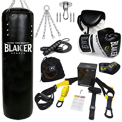 BLAICER Saco de Boxeo sin Relleno Equipado con Guantes de Boxeo, Cuerda Saltar, Vendas de Boxeo, Cadena, Soporte y Sistema de Entrenamiento en Suspensión | Completo Kit para Gimnasio en Casa (Negro)