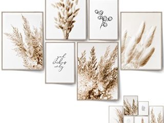 BLCKART Juego de imágenes Infinity Beige Love con estilo de hierba de Pampa, póster natural para el salón, decoración bohemia (L | 4 x A3 | 2 x A4 | sin marco, beige Love)
