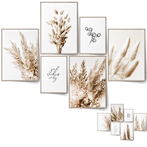 BLCKART Juego de imágenes Infinity Beige Love con estilo de hierba de Pampa, póster natural para el salón, decoración bohemia (L | 4 x A3 | 2 x A4 | sin marco, beige Love)