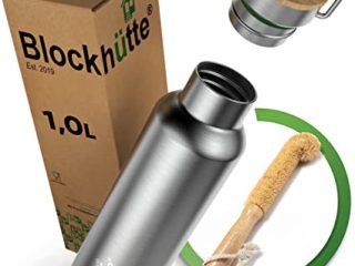 Blockhütte. Botella Termica de acero inoxidable Premium I 1 litro I con cepillo de cerdas naturales I Botella Agua a prueba de fugas I Water Bottle apta para el lavavajillas para deportes y ocio