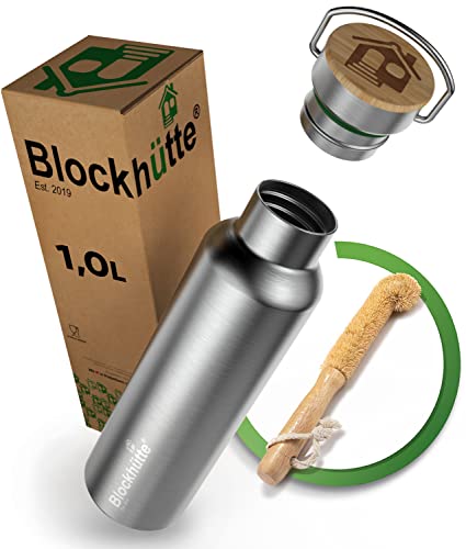 Blockhütte. Botella Termica de acero inoxidable Premium I 1 litro I con cepillo de cerdas naturales I Botella Agua a prueba de fugas I Water Bottle apta para el lavavajillas para deportes y ocio
