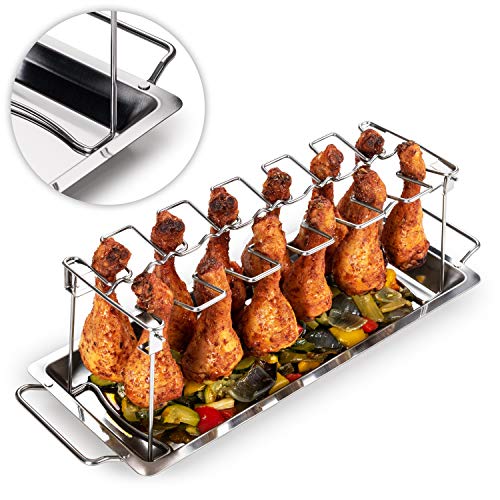 Blumtal Soporte para Muslos de Pollo Incluye Bandeja - Soporte de Acero Inoxidable para Piezas de Pollo, Accesorio de Parrilla Barbacoa y Horno con Bandeja de Goteo