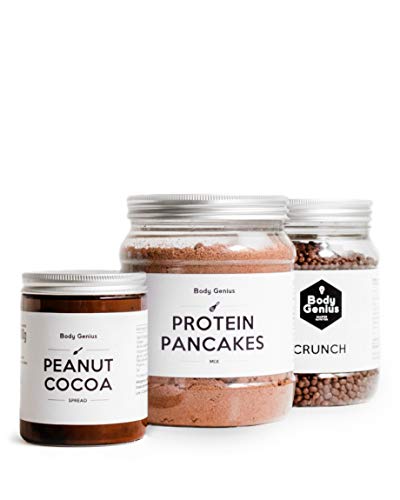 BODY GENIUS Pack Desayuno Proteico (Chocolate) Crema de Cacahuete y Cacao, Tortitas Proteicas y Protein Crunch. Alto en Proteína, Bajo en Hidratos, Sin Azúcar. Hecho en España.