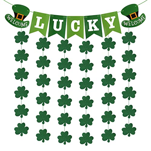 BOFUNX 1 Lucky Banner 1 Banderines Guirnalda Pancartas de Trébol Verde de Colgantes Suministros para Día de San Patricio Adornos para Decoración Paredes Ventanas Puertas para Fiestas Irlandesas