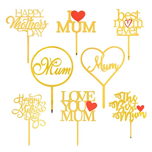BOFUNX 8pcs Topper de Tarta de Feliz Día de Madre de Acrílico Oro para Decoración de Tartas Cake Pastel Postre Cupcake Fiesta Cumpleaños Happy Mothers Day Best Mom Love Mom