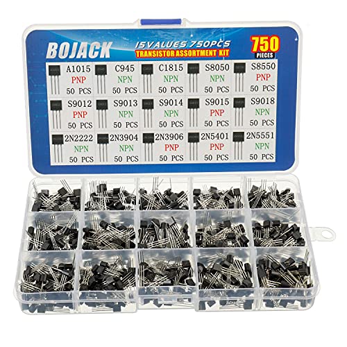 BOJACK 15 Valores 750 piezas A1015 C945 C1815 S8050 S9050 S9012 S9013 S9015 S9018 2N2222 2N3904 2N3906 2N5401 2N5551 PNP NPN Alimentación Transistores de propósito general Kit de surtido