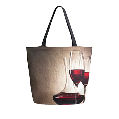 Bolsa de lona para gafas de vino vintage y uvas de vino, bolsa de comestibles reutilizable grande para mujer, bolsa de hombro de compras, con bolsillo con cremallera, bolsa de almacenamiento portátil