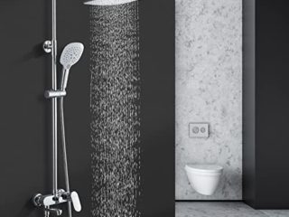 BONADE Sistema de Ducha con Grifo, Ducha de Lluvia Grifo de Ducha Rociador de Ducha Cuadrado / Teleducha con 3 Tipos De Chorro, Columna de Ducha de Altura Ajustable con Soporte de Pared Set de Ducha