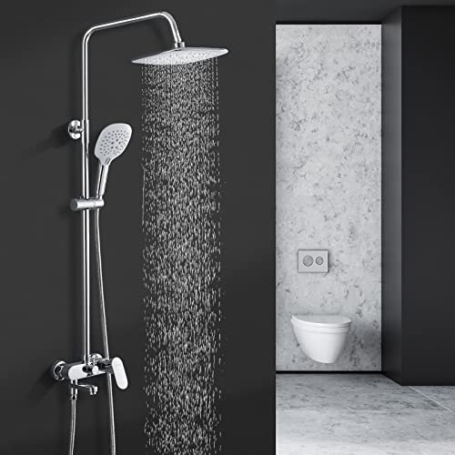 BONADE Sistema de Ducha con Grifo, Ducha de Lluvia Grifo de Ducha Rociador de Ducha Cuadrado / Teleducha con 3 Tipos De Chorro, Columna de Ducha de Altura Ajustable con Soporte de Pared Set de Ducha