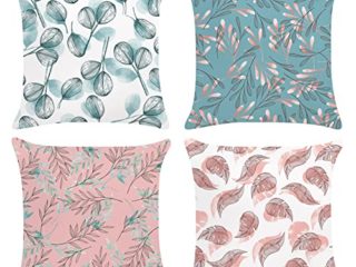 Bonhause Juego de 4 Funda de Cojín 45x45cm Hojas Turquesa y Rosa Terciopelo Suave Fundas de Almohada para Cojines Decorativos para Sofá Cama Coche Hogar