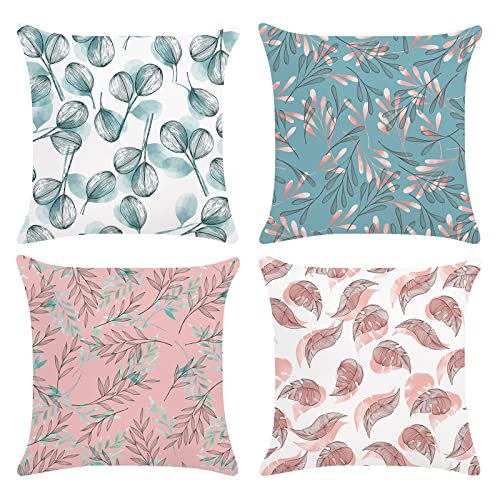 Bonhause Juego de 4 Funda de Cojín 45x45cm Hojas Turquesa y Rosa Terciopelo Suave Fundas de Almohada para Cojines Decorativos para Sofá Cama Coche Hogar