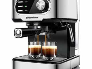 Bonsenkitchen Cafetera Expresso y Capuccino, 15 BAR de presión, ModoAuto 1 y 2 Cafés, Vaporizador Orientable, depósito 1,5 L, 850 W, CM8008