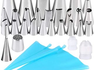 Boquillas para manga pastelera, Gyvazla 32pcs Set Incluir 20 Boquillas, 5 Boquillas más grande, Boquilla de Hierba, Boquillas de Hojaldre, 2 Acopladores, 2 Bolso de pastelería y Cepillo de Limpieza