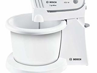 Bosch ErgoMixx MFQ36460, Batidora y Amasadora para Repostería, 450 W, Varillas Batidoras, Garfios Amasadores y Bol Giratorio, Color Blanco