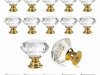 Bosdontek Pomo de Cristal Forma de Diamante Tiradores de Muebles Perilla de la Puerta con Tornillo Perillas Manijas para Armario Cajón Aparador Cocina 30mm (12PCs, Dorado)