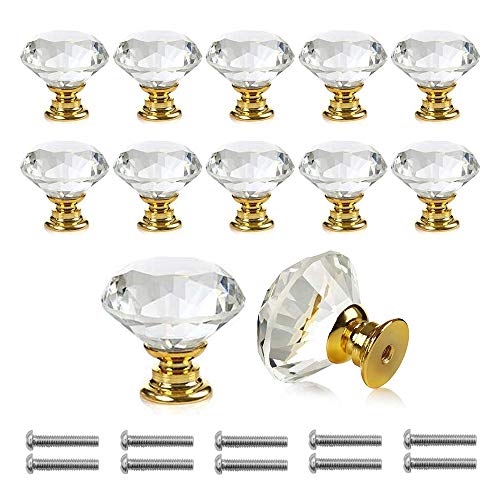 Bosdontek Pomo de Cristal Forma de Diamante Tiradores de Muebles Perilla de la Puerta con Tornillo Perillas Manijas para Armario Cajón Aparador Cocina 30mm (12PCs, Dorado)