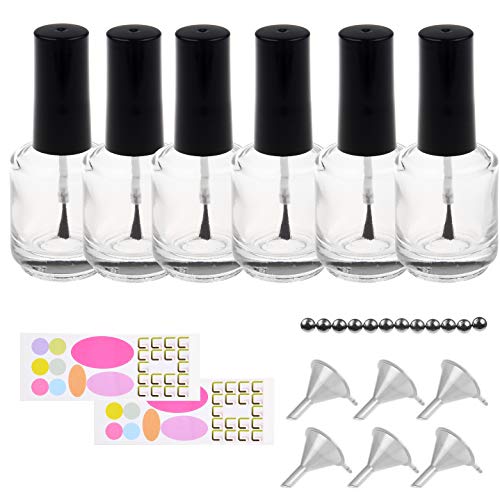 Botellas Vacías y Transparentes para Esmalte de Uñas Eco-Fused - con Brochas Dupont - Conjunto de 6 - Además Incluye 6X Embudos Plásticos, 12x Bolas para Mezclar y 20x Etiquetas